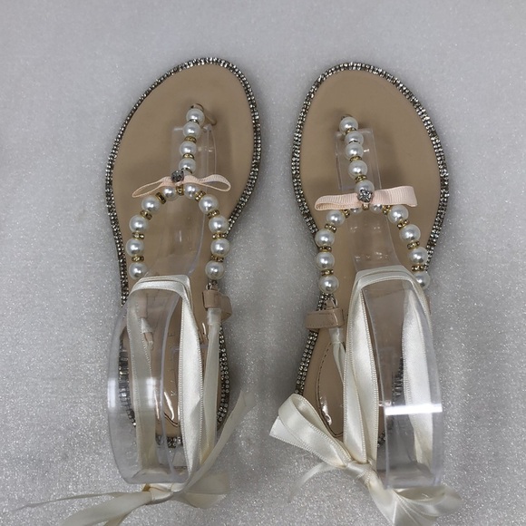 Kailee P Sandals Faux Pearl & Rhinestone Crystal Champagne Ankle Ribbon Size 33 - Picture 5 of 12
